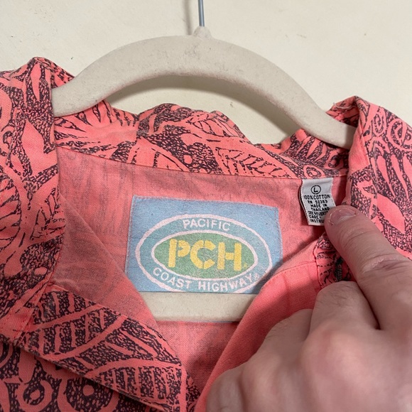 VINTAGE 80's 90's Pacific Coast Highway Pink Button Up Shirt Neon Tribal Surf L - Picture 8 of 8